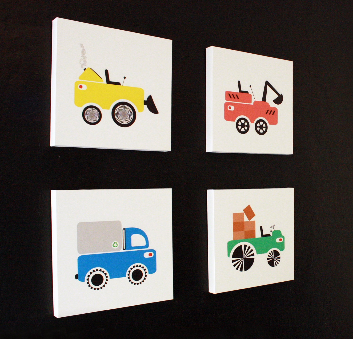 Things That Go Series Of Four 14 x 14 Stretched Canvas Kids Wall Art Tractor Excavator Scooper Recycle Truck Construction Site Boys Room