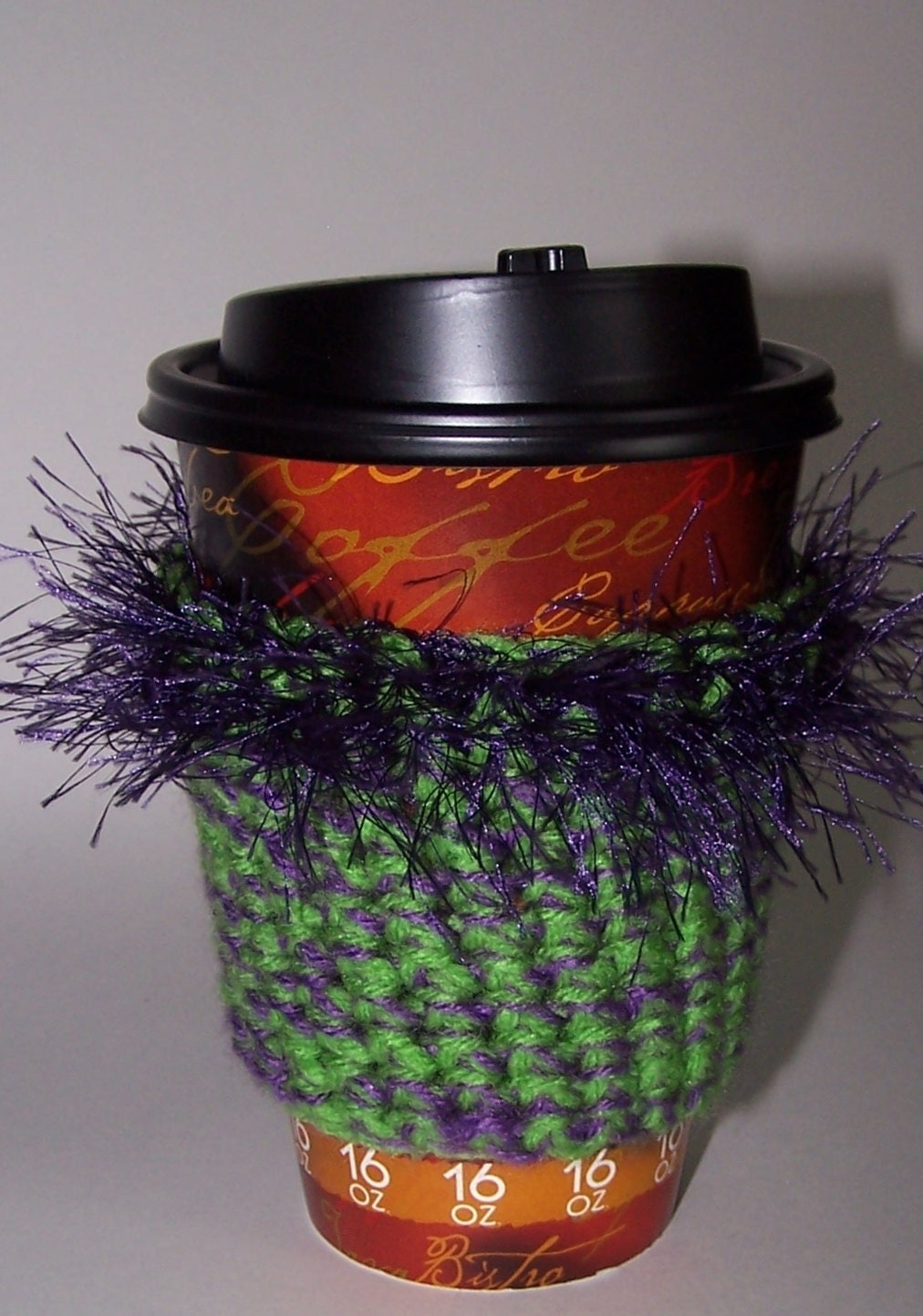 Crochet Coffee Cup Cozy in Green and Purple, OOAK Coffee Cup Sleeve, Teacher's Gift or Stocking Stuffer for the Coffee Lover