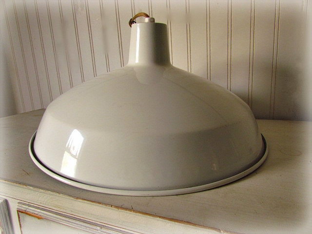 Vintage Creamy White Enamel Shade Swag Style Pendant Lighting / Industrial Light / Prairie Cottage Chic