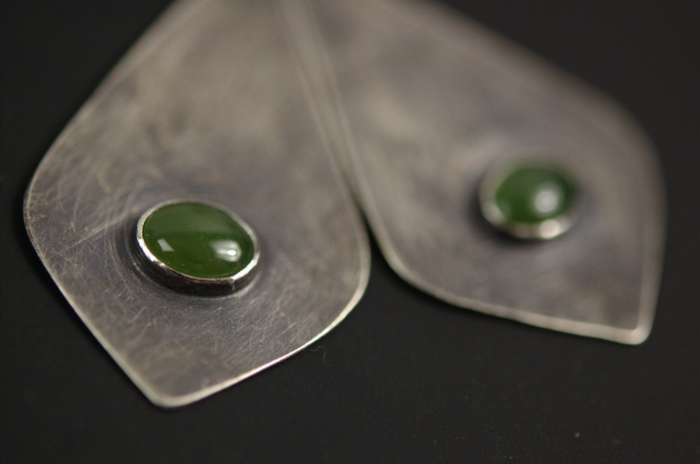 Lotus Petal Earrings: Oxidized Sterling Silver with Oval Jade - fine jewelry