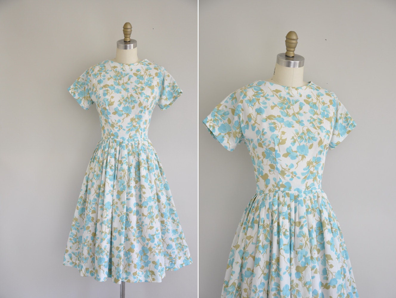 50s dress / vintage 1950s blue green floral print dress / 1950s full skirt dress