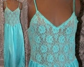 Vintage turquoise Maxi nightgown dress with sparkle lace bodice neglige 0087