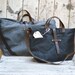 Super Roomy Large Waxed Canvas Tote: Slate, antique military leather, antique fabric pocket.