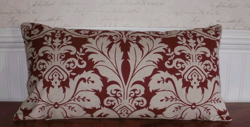 Decorative Pillow Red and Natural Upholstery Damask  Designer Fabric 12 X 24 Accent Throw Lumbar Pillow Cover