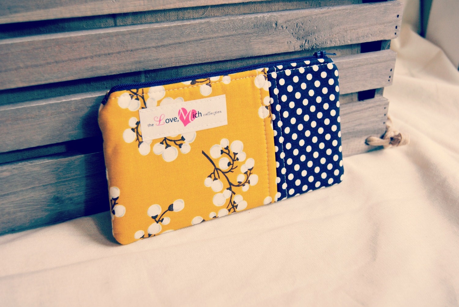 Medium Zippy Pouch - READY TO SHIP - Mustard Flowers and Navy Dots