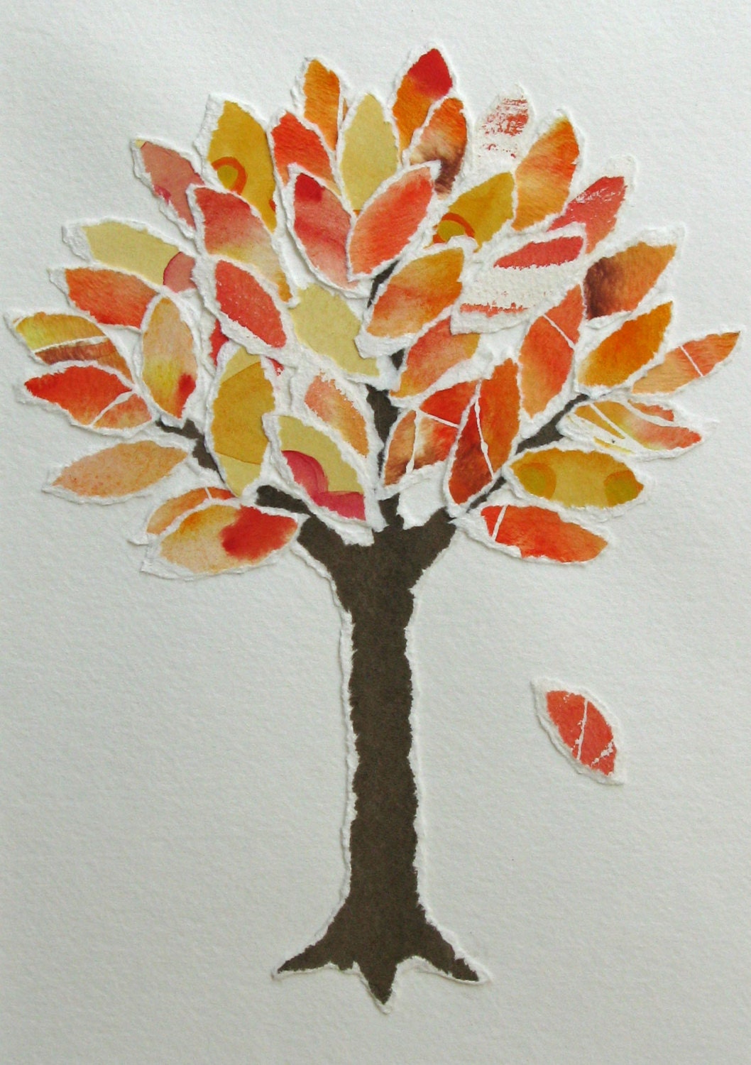 Autumn Tree - recycled watercolor collage - original
