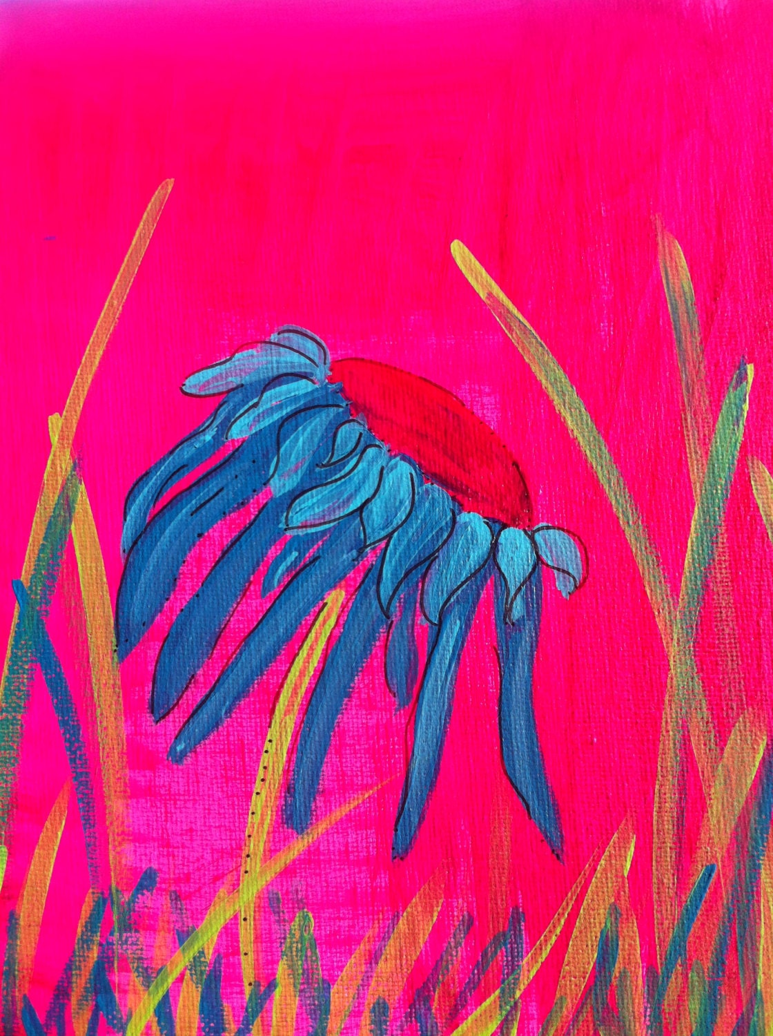 8x10 Original art Painting Whimsy Daisy Flower Pink Aqua