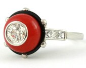 Red Coral Ring - Black onyx diamond platinum setting - Unique vintage cabochon ring - French Jewelry 1950's