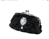 ON SALE Black Clutch, Black Bridal Clutch, Bridesmaids Clutch, Wedding Clutch, Black Evening Bag with Swarovski Crystal Brooch