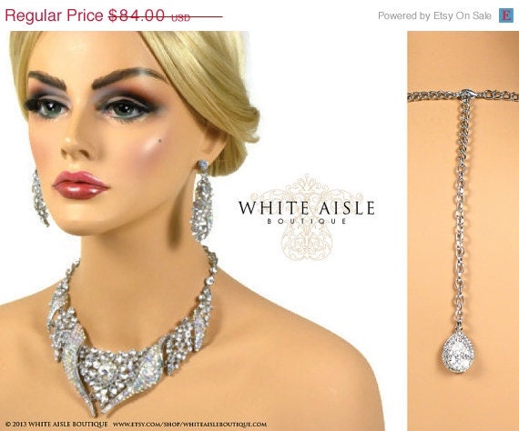 ON SALE Wedding Jewelry Set, Bridal Statement Necklace Earring Set, Vintage Style Rhinestone Bridal Necklace