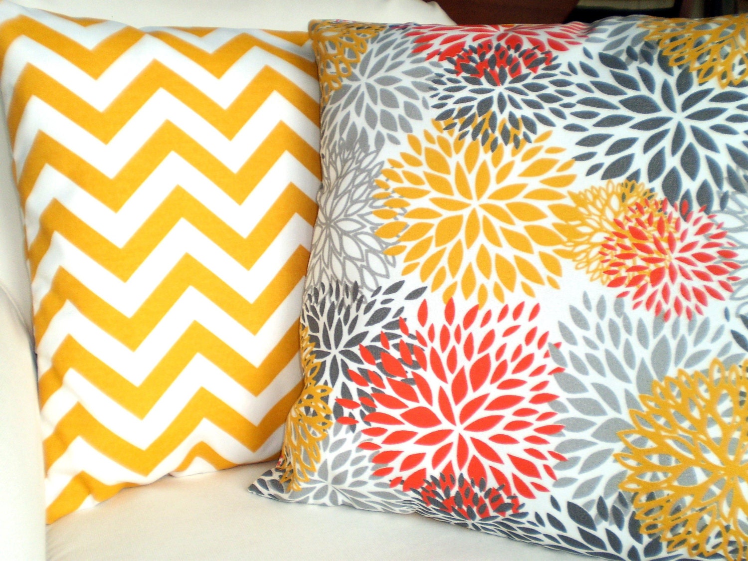 OUTDOOR Throw Pillows Decorative Pillows Cushion Covers Orange Yellow Gray White Indoor Outdoor BOTH SIDES - Combo Set of  Two 18 x 18