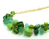 Chunky Emerald Green Bib Necklace Lampwork Glass Beaded Bib Crochet Wire Hues of Green Statement Necklace