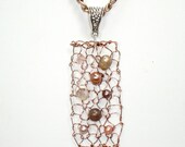 Rose Gold Copper Blush Pendant Necklace Wire Knit Necklace Long Chain Pearl Crystal Metallic Buff Nude Rose