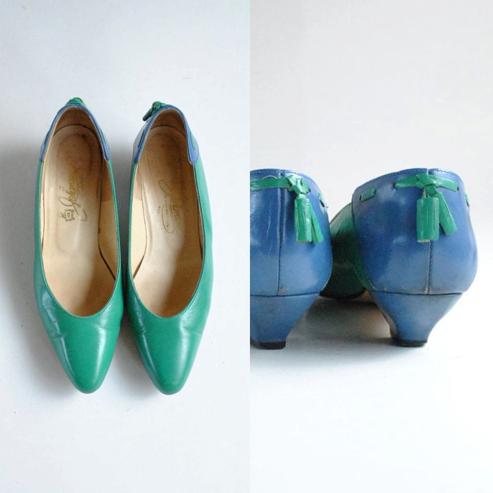 Green Blue Shoes Size 8.5  //  Tassel Heels Sz 8 1/2  //  THE JOHANSEN