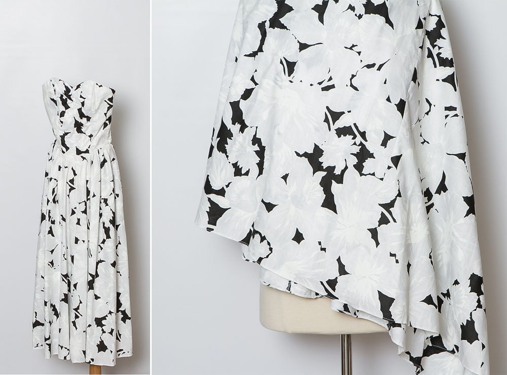 vintage 1980s black and white strapless dress