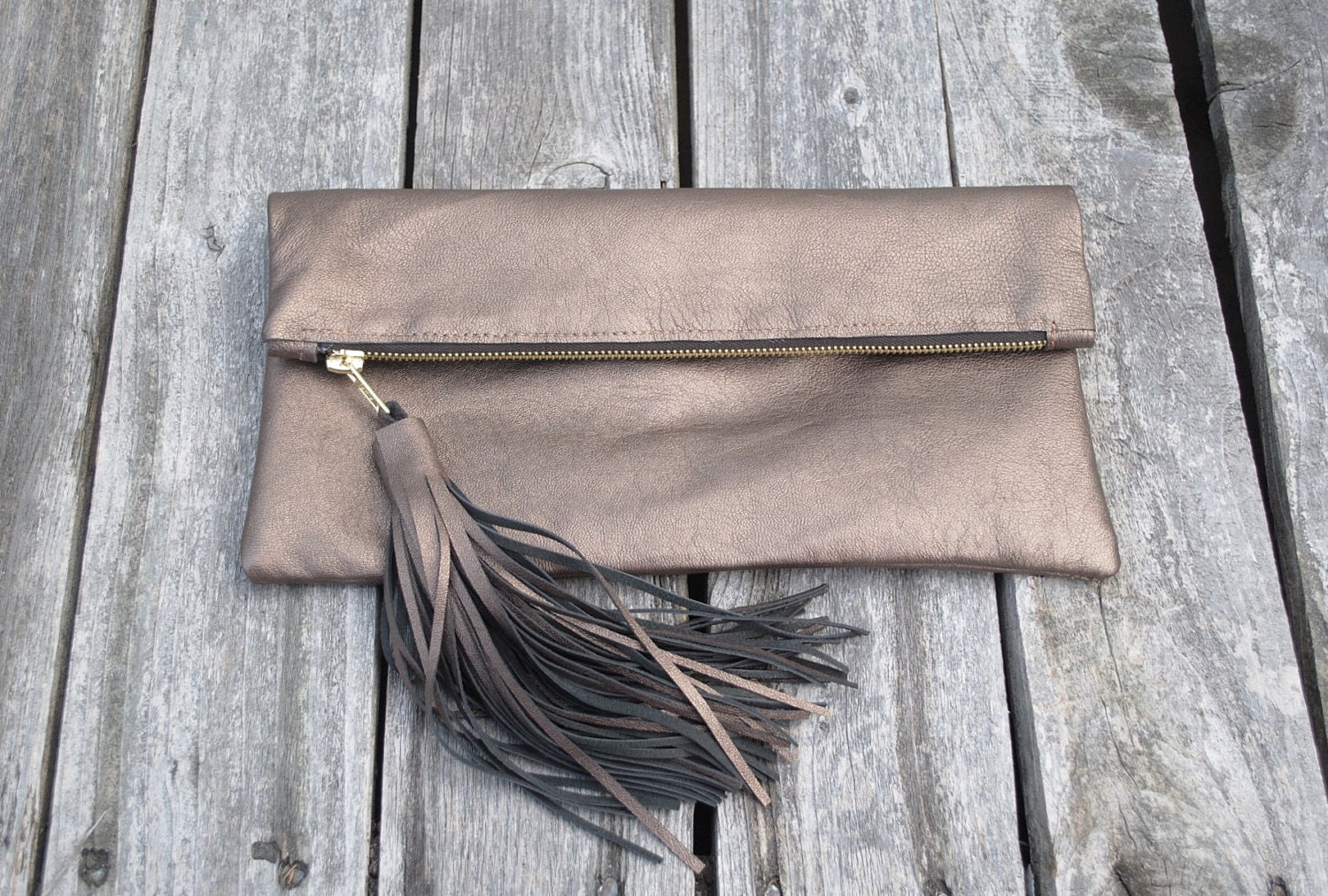 Metallic Bronze Tassel Clutch Genuine Leather Fold Over Clutch Womens Accessories - Metallic Bronze