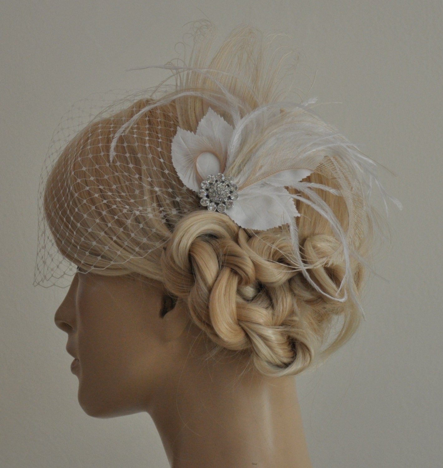 Birdcage Veil ,peacock Feathers Fascinator,(2 ITEMS), bridal Feathers Fascinator, wedding Accessories,bridal head piece,Hair Accessories
