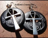 Silver Ankh Hand Painted Wood Earrings
