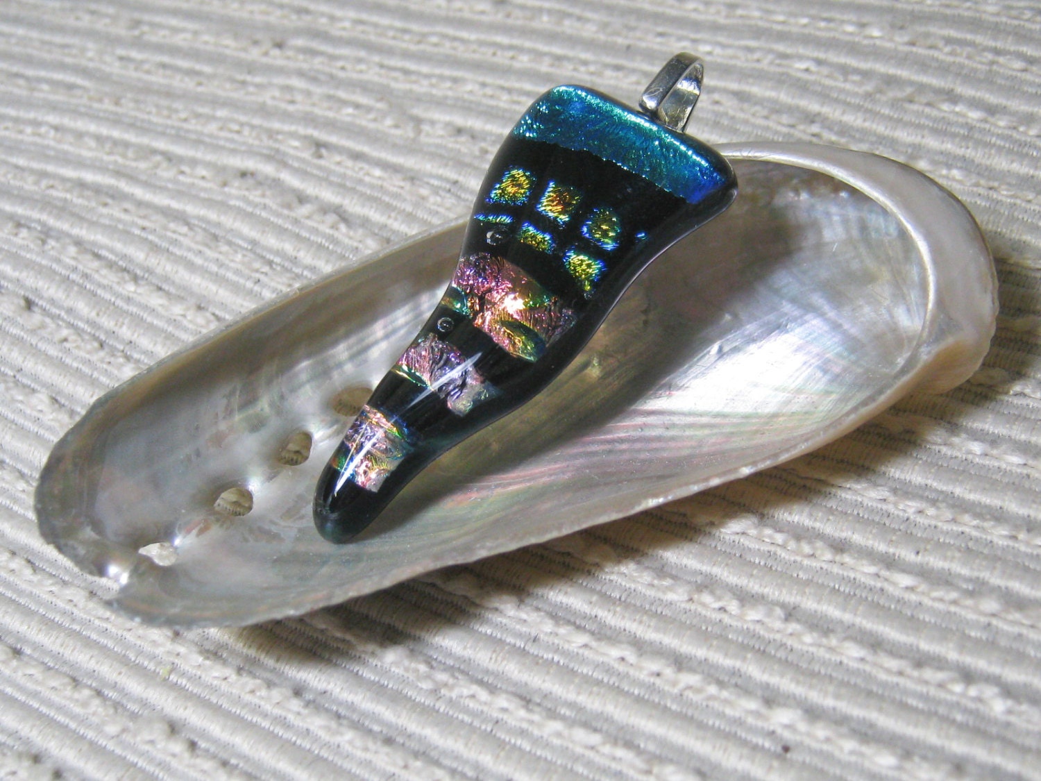 Fused Glass Dichroic Focal Bead/Pendant Triangle Squiggle  - Black, Teal, Pink, Magenta Accents - FREE Chain or Cord