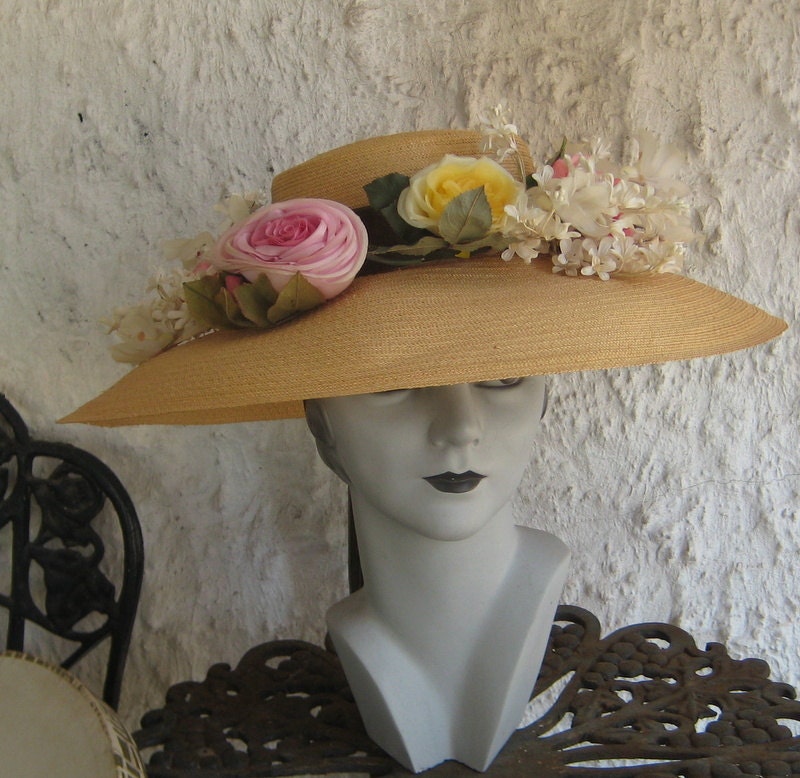 Off To The Races Killer Fab 50s Wide Brim Roses Lilac Flower Straw Hat  With Ribbon Hot N Sexy Hollywood