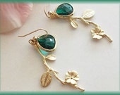 Emerald Green Gold Framed Glass Quartz Gold Cherry Branch Earrings, mothers day gift, birthday