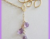 Amethyst Necklace - Lariat, Delicate leaf NECKLACE w/ Natural AAA Amethyst Birthday gift, Mothers day