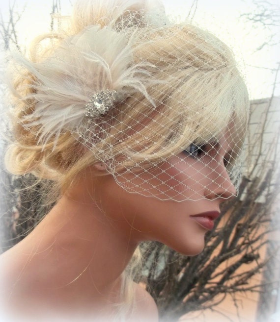 Ivory bridal hair fascinator with birdcage veil, vintage style brooch, french netting, ivory peacock feather fascinator -ship ready OOAK