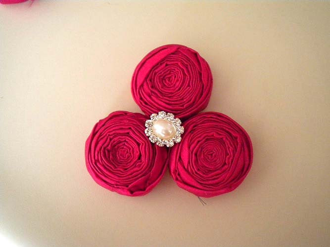 Red Rosette Flower Brooch or Clip handmade Wedding