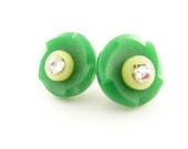 Large Green Button and Crystal Stud Earrings