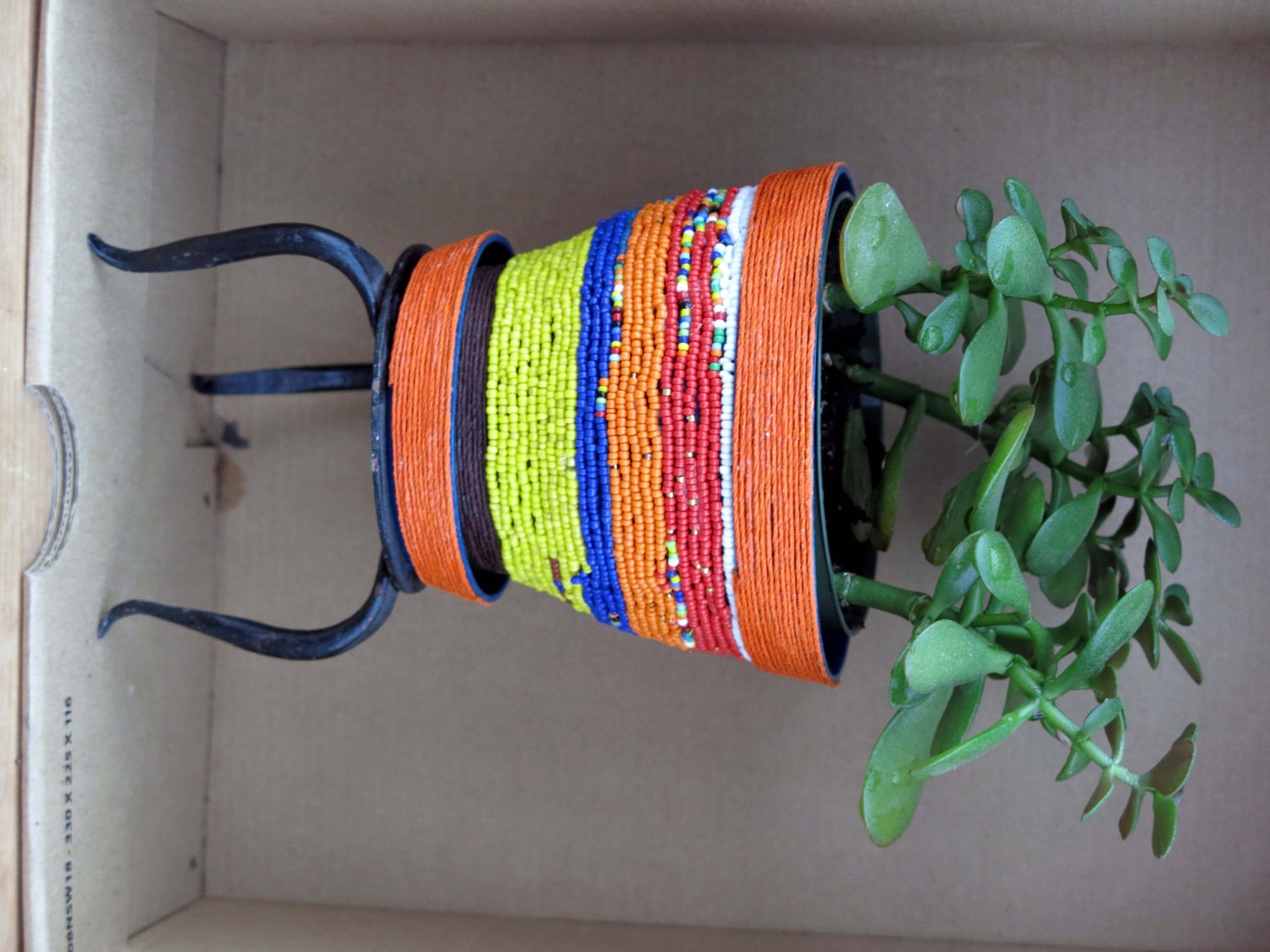 Plant Pot Orange You Glad to have a Happy Plant Hand Beaded Planter (OOAK)
