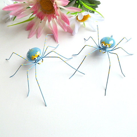 Two Handmade Spiders Medium Blue and Yellow