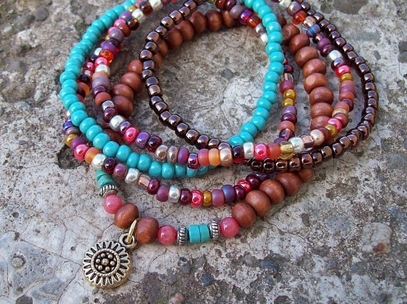 Bohemian Flower Charm Mixed Bead Stretch Stack Bracelets