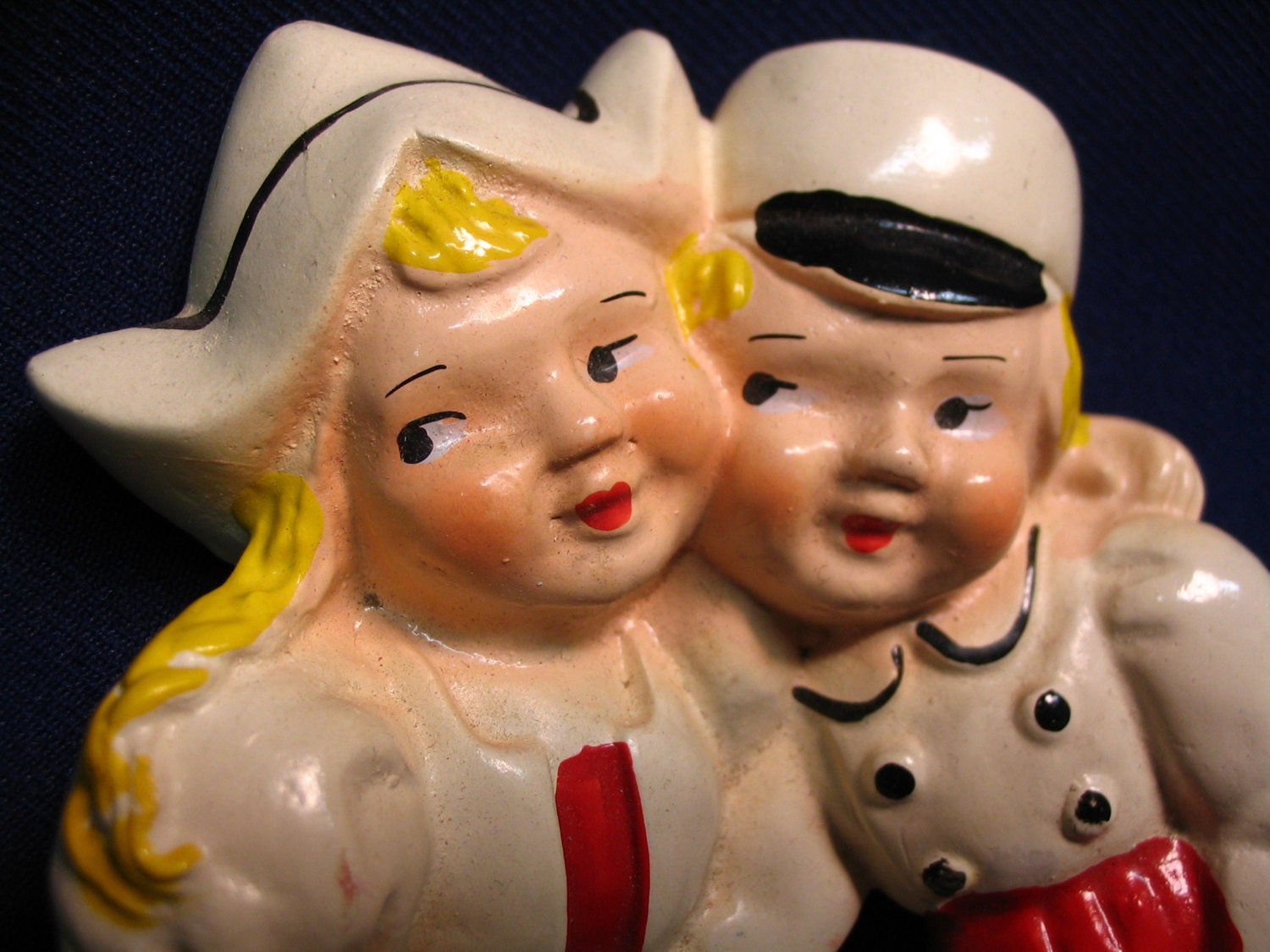 Vintage Pair Dutch Kids RED Chalkware Girl Boy paint figure wallhanging 1940s