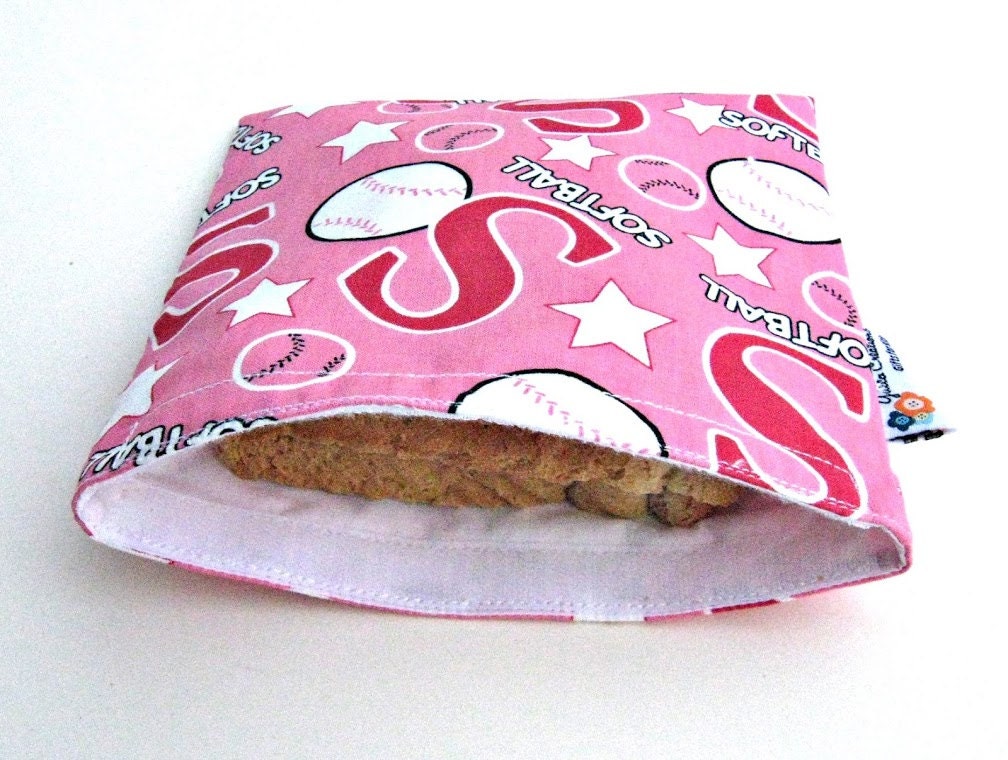 Reusable Sandwich Bag / Large Snack Bag - Pink Softball- White Lining