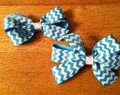Pigtail Set of Turquoise Chevron Print Pinwheel Style Hairbows