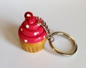 Hot Pink Raspberry Butter Cream Cupcake Keychain Key Chain Cherry on Top Key Fob