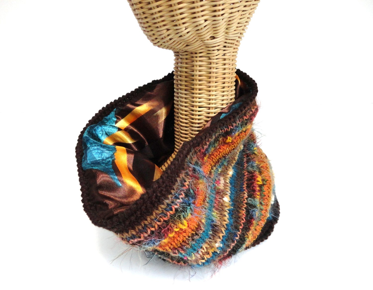 Knit Cowl Rust Brown Wool Womans Reversible Scarf Lined