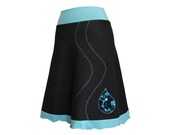 Organic Cotton Stretch Knit Denim Skirt with Raindrop Applique in Black and Turquoise, "Falling Rain" Skirt