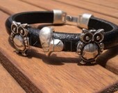 owl love women  black 10mm thick licorice  leather  bracelet with silver  cute owl and heart