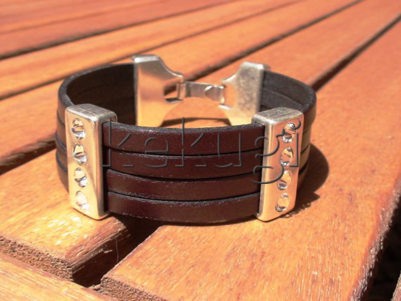 unisex women men  multi strap first quality  Brown leather bracelet sterling silver plated spacer with strass crystal decoration