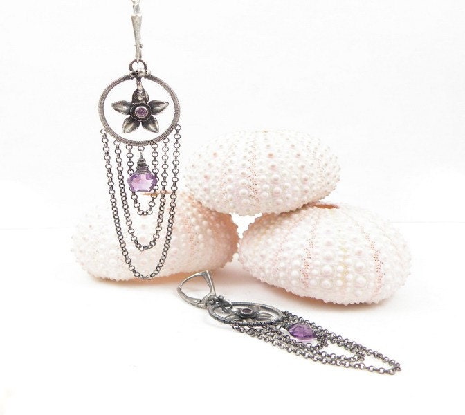 Wire wrap earring , dangle flower earring , sterling silver wirework jewelry , gemstone fine jewelry , amethyst long earring