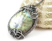 Labradorite wire wrapped necklace , wire wrap jewelry , gemstone wirework jewelry , sterling silver necklace , labradorite fine jewelry