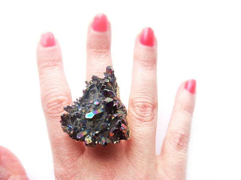 Huge Gold Plated Rainbow Titanium Quartz Crystal Druzy Ring