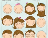 We are Family Faces -Brunette- Cute Digital Clipart for Invitations, Card Design, Scrapbooking, and Web Design, Stick Figure Faces Il_170x135