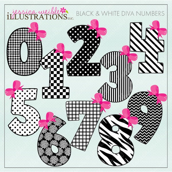 Black & White Diva Numbers Cute Digital Clipart for Invitations, Card Design, Scrapbooking, and Web Design Il_570xn