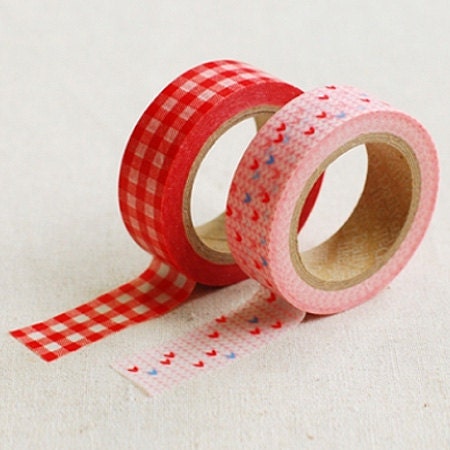 2 Set - Candid Pink Red Gingham Check Adhesive Masking Tapes (0.6in)