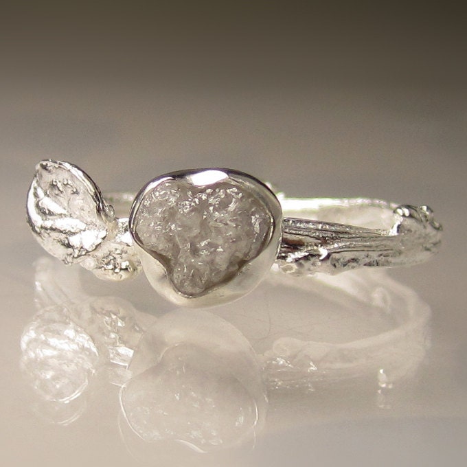 Raw White Diamond Twig Ring in Sterling Silver, Engagement Ring