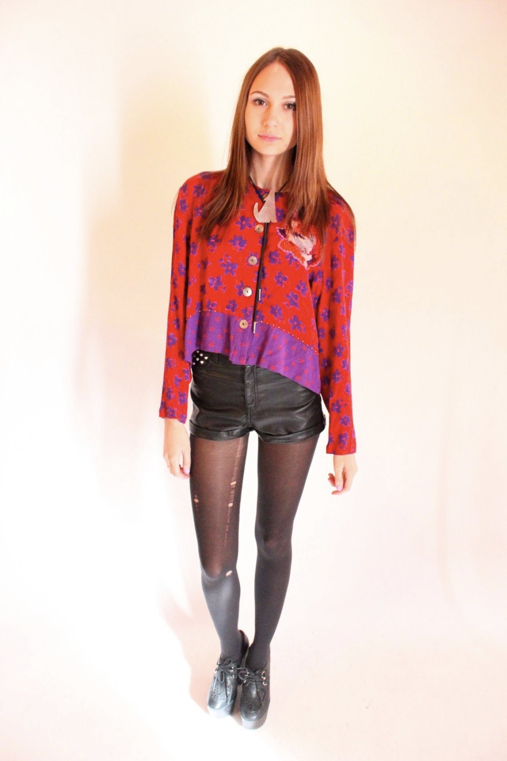 WINDSOR 80s Purple and Red Gauzy Beaded Rose Slouchy Grunge Crop Top