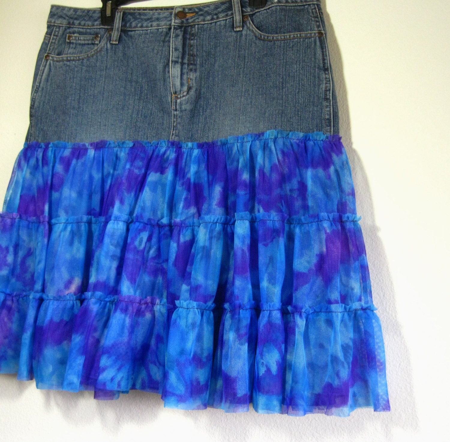 upcycled denim skirt for women, blue, purple