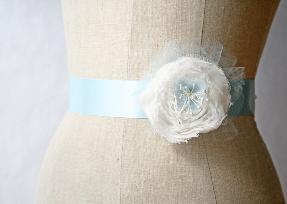 Light Blue Wedding Sash, Bridal Belt, Flower, Something Blue - laurastark